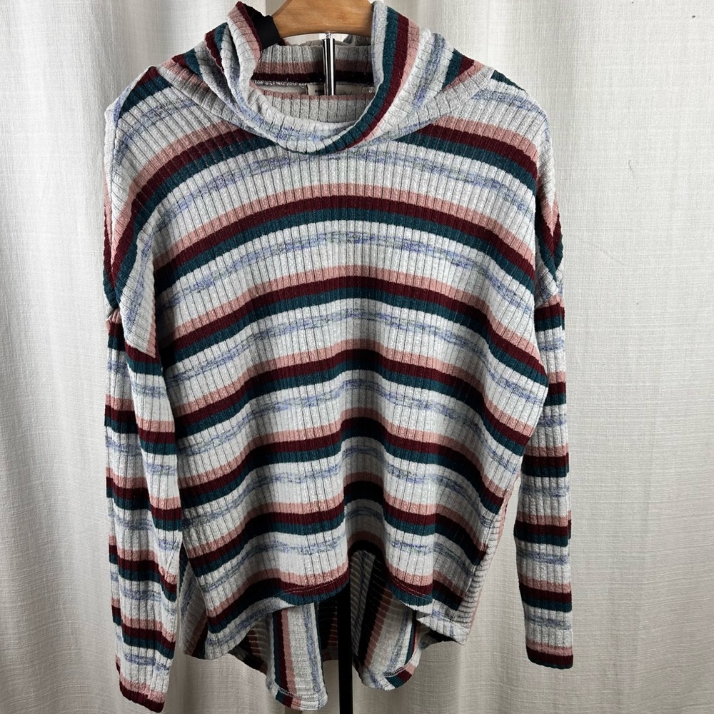 Anthropologie Striped Ribbed Blouse‎ - Red, Blue, White, Drop Cowl Neck.